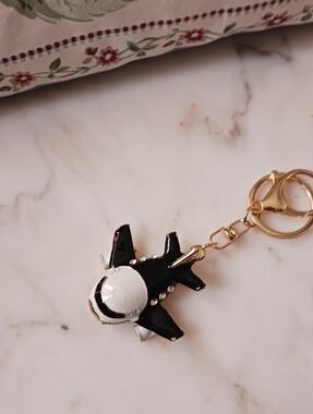 NWOT Black And Gold Plane Bag Charm, Large Rhinestone Studded Key Chain